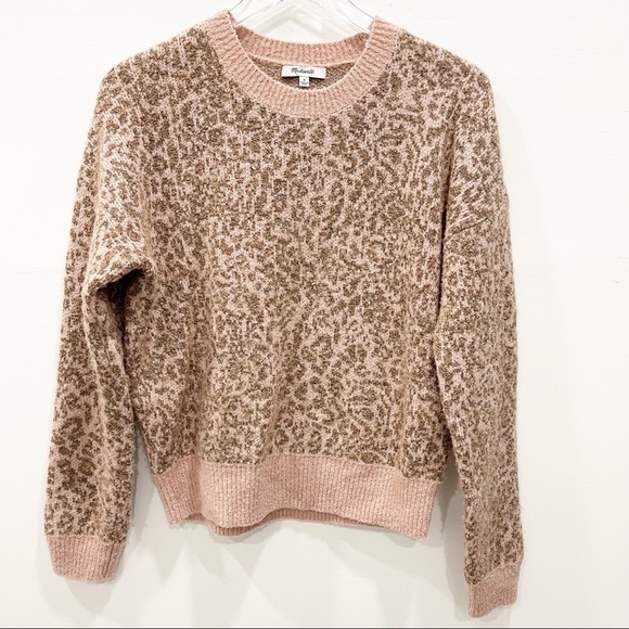 Madewell Shrunken Pullover Sweater in Leopard Tan Pink Meriono Wool Medium - Picture 2 of 9
